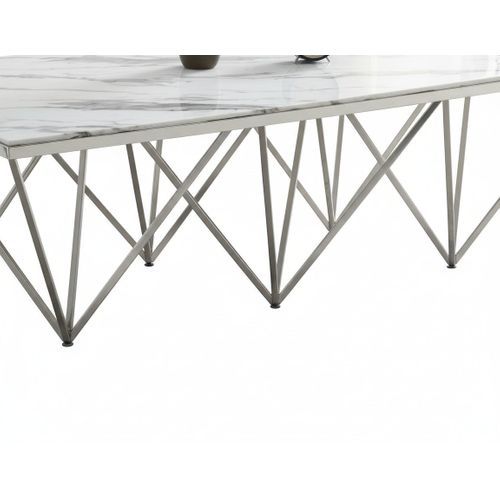 Table Basse Gize Rectangle Chrome Et Plateau En Verre 130x70x42 Cm - Marbré Blanc