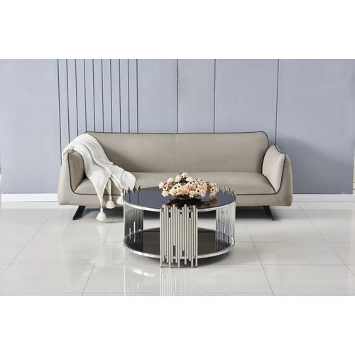 Table Basse Ronde Stick Chrome Et Plateau En Verre Marbre Noir D90 H45 Cm