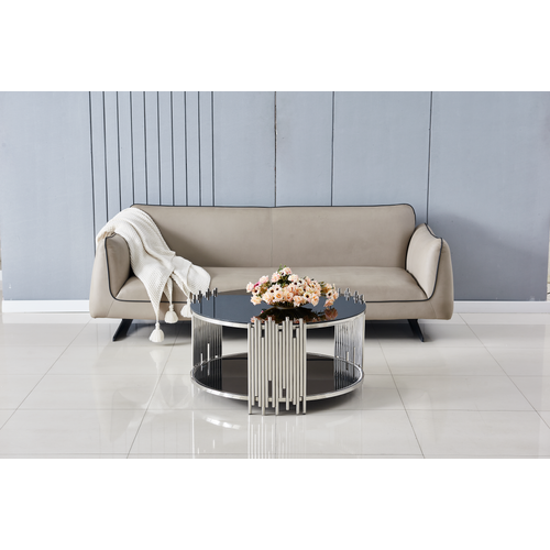 Table Basse Ronde Stick Chrome Et Plateau En Verre Marbre Noir D90 H45 Cm