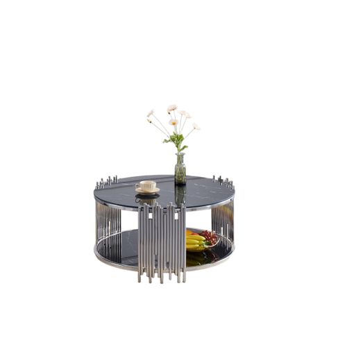 Table Basse Ronde Stick Chrome Et Plateau En Verre Marbre Noir D90 H45 Cm