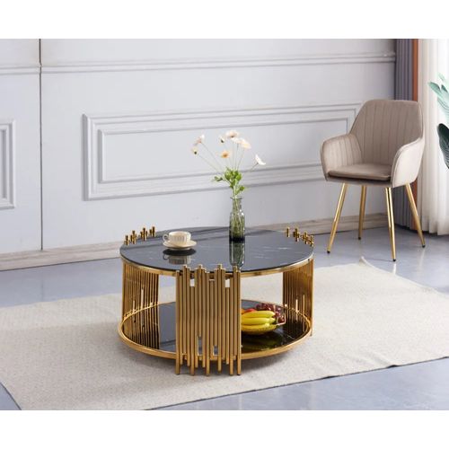 Table Basse Ronde Stick Gold Et Plateau En Verre Marbre Noir D90 H45 Cm