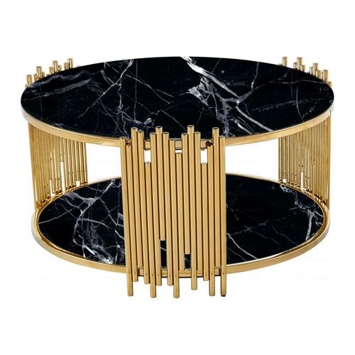 Table Basse Ronde Stick Gold Et Plateau En Verre Marbre Noir D90 H45 Cm