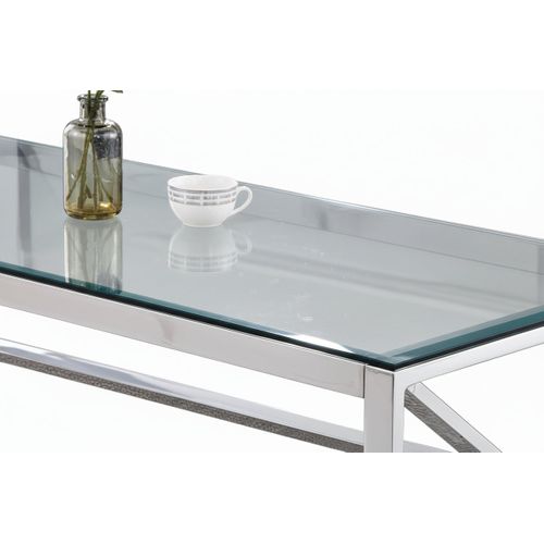 Table Basse Majestique Rectangle Plateau Verre Trempé Transparent Pieds Chrome 120x60x45cm