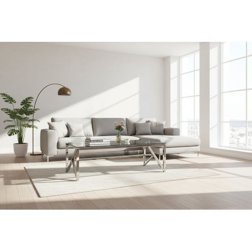 Table Basse Majestique Rectangle Plateau Verre Trempé Transparent Pieds Chrome 120x60x45cm