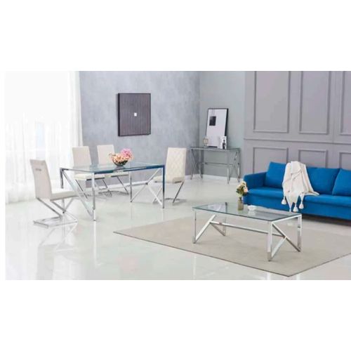 Table Basse Majestique Rectangle Plateau Verre Trempé Transparent Pieds Chrome 120x60x45cm