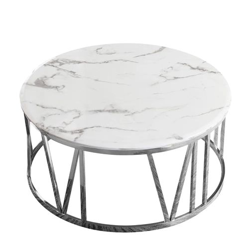 Table Basse Atmos Chrome Et Plateau En Verre - Marbré Blanc - 100cm