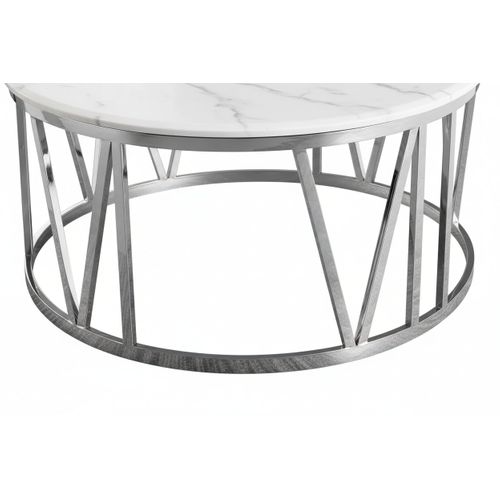 Table Basse Atmos Ronde Plateau Verre Trempé Marbré Blanc Pieds Chrome D80x45cm