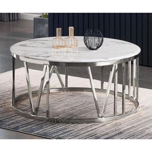 Table Basse Atmos Chrome Et Plateau En Verre - Marbré Blanc - 80cm