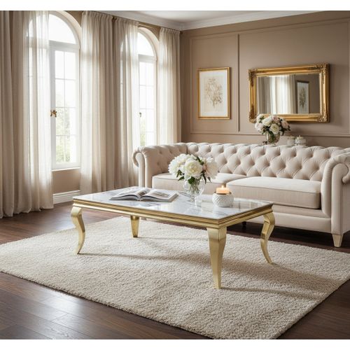 Table Basse Baroque Gold 120x60x45 Cm - Plateau Marbré Blanc