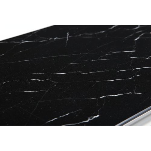 Table Basse Baroque Rectangle Plateau Verre Trempé Marbré Noir Pieds Chrome 120x60x45cm