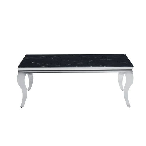 Table Basse Baroque Rectangle Plateau Verre Trempé Marbré Noir Pieds Chrome 120x60x45cm