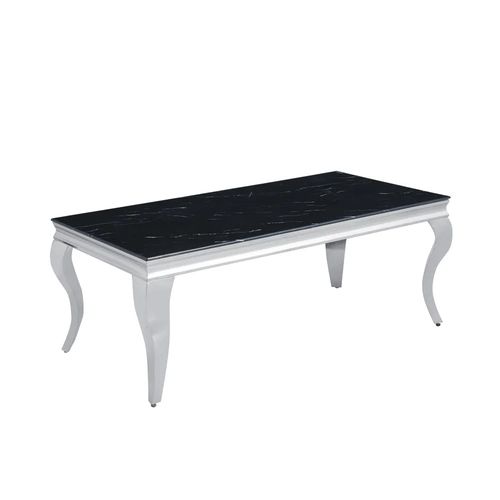 Table Basse Baroque Rectangle Plateau Verre Trempé Marbré Noir Pieds Chrome 120x60x45cm