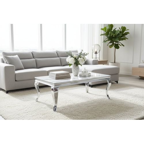 Table Basse Baroque Rectangle Plateau Verre Trempé Marbré Blanc Pieds Chrome 120x60x45cm