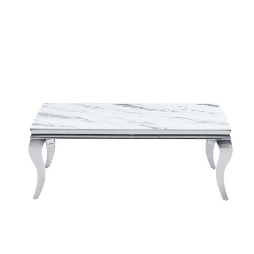 Table Basse Baroque Rectangle Plateau Verre Trempé Marbré Blanc Pieds Chrome 120x60x45cm
