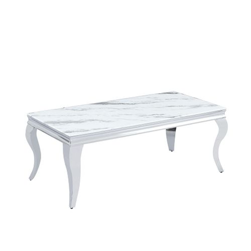 Table Basse Baroque Rectangle Plateau Verre Trempé Marbré Blanc Pieds Chrome 120x60x45cm