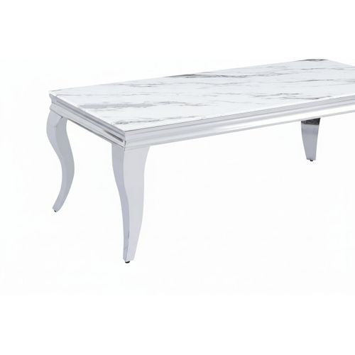 Table Basse Baroque Rectangle Plateau Verre Trempé Marbré Blanc Pieds Chrome 120x60x45cm