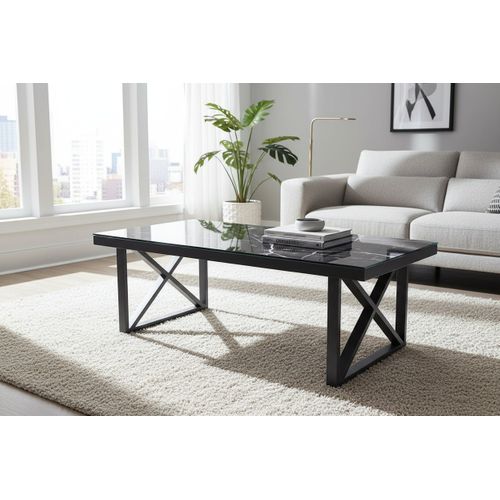 Table Basse Levanto Plateau Verre Trempé Marbré Noir Structure Métal Noir 120x60x45cm