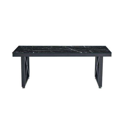 Table Basse Levanto Plateau Verre Trempé Marbré Noir Structure Métal Noir 120x60x45cm