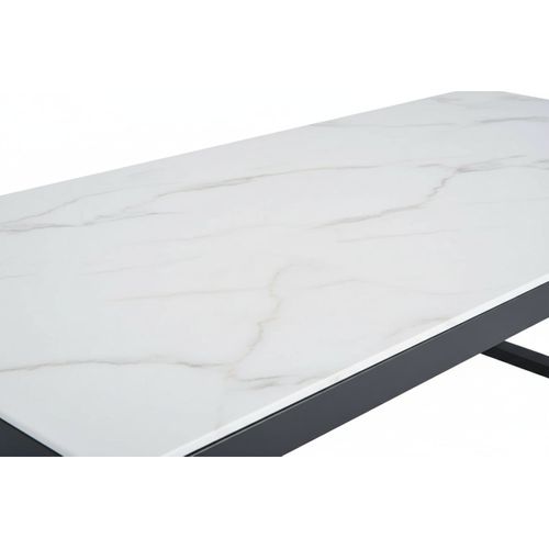 Table Basse Levanto Plateau Verre Trempé Marbré Blanc Structure Métal Noir 120x60x45cm
