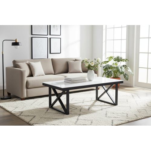 Table Basse Levanto Plateau Verre Trempé Marbré Blanc Structure Métal Noir 120x60x45cm