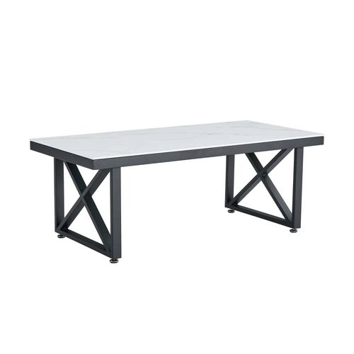 Table Basse Levanto Plateau Verre Trempé Marbré Blanc Structure Métal Noir 120x60x45cm