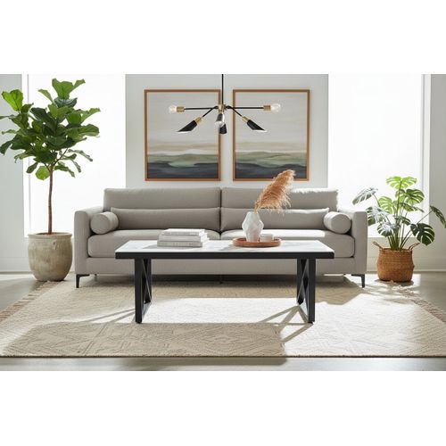 Table Basse Levanto Plateau Verre Trempé Marbré Beige Structure Métal Noir 120x60x45cm