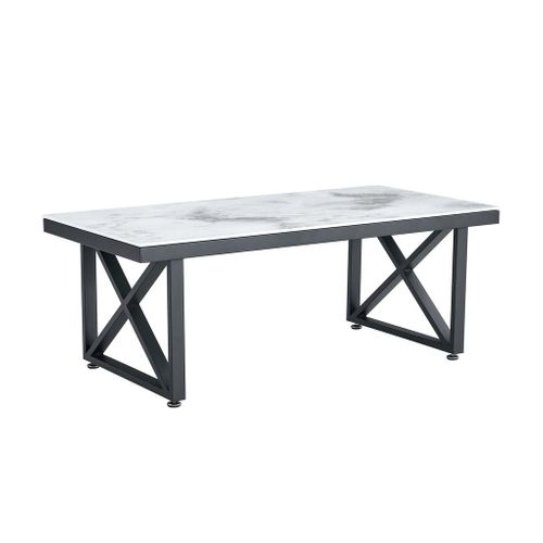 Table Basse Levanto Plateau Verre Trempé Marbré Beige Structure Métal Noir 120x60x45cm