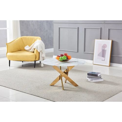 Table Basse Ronde Jessy Pieds Gold Et Plateau En Verre Marbre Blanc 80 Cm