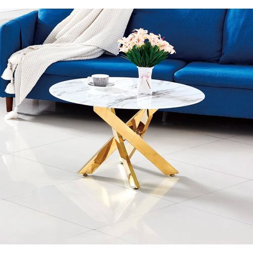 Table Basse Ronde Jessy Pieds Gold Et Plateau En Verre Marbre Blanc 80 Cm
