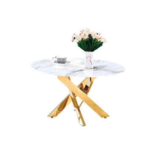 Table Basse Ronde Jessy Pieds Gold Et Plateau En Verre Marbre Blanc 80 Cm