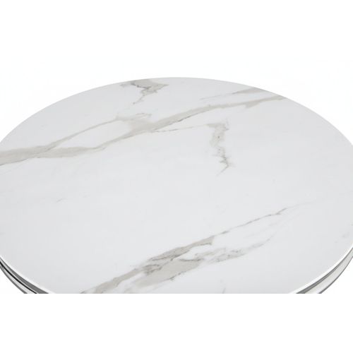 Table Basse Baroque Ronde Plateau Verre Trempé Marbré Blanc Structure Chrome D80x45cm