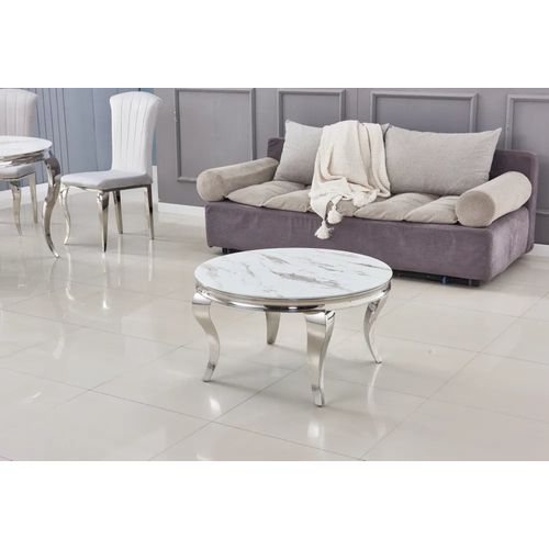 Table Basse Baroque Ronde Plateau Verre Trempé Marbré Blanc Structure Chrome D80x45cm