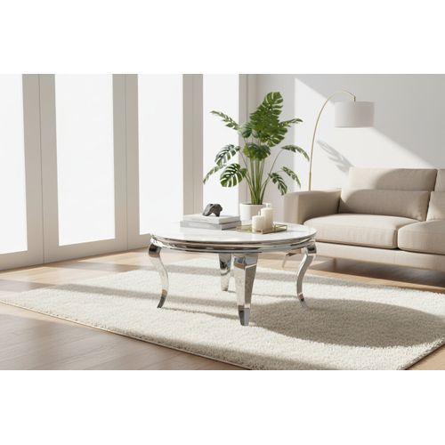 Table Basse Baroque Ronde Plateau Verre Trempé Marbré Blanc Structure Chrome D80x45cm