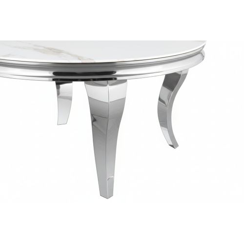 Table Basse Baroque Ronde Plateau Verre Trempé Marbré Blanc Structure Chrome D80x45cm