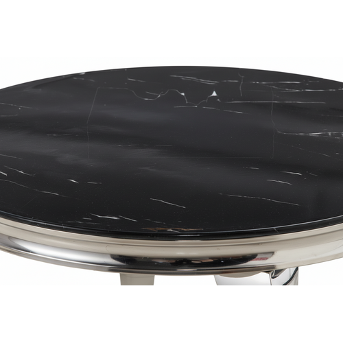 Table Basse Baroque Ronde Plateau Verre Trempé Marbré Noir Structure Chrome D80x45cm