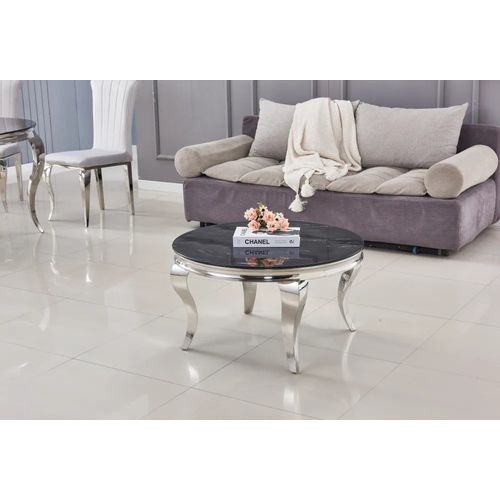 Table Basse Baroque Ronde Plateau Verre Trempé Marbré Noir Structure Chrome D80x45cm