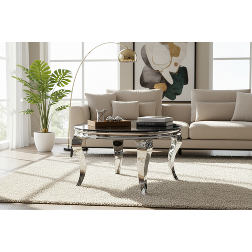 Table Basse Baroque Ronde Plateau Verre Trempé Marbré Noir Structure Chrome D80x45cm