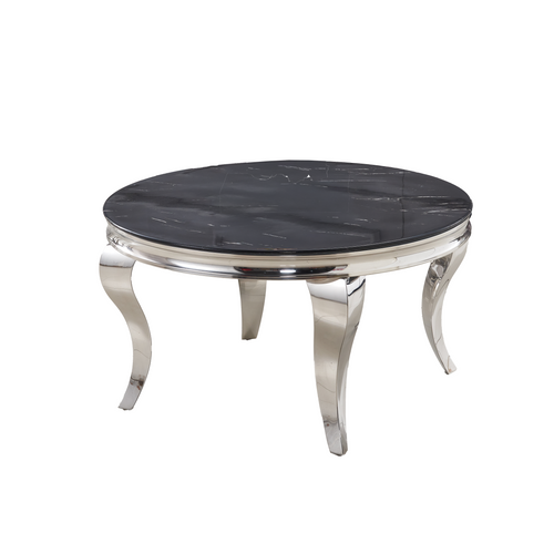 Table Basse Baroque Ronde Plateau Verre Trempé Marbré Noir Structure Chrome D80x45cm