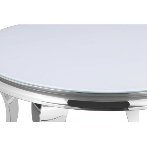 Table Basse Baroque Ronde Plateau Verre Trempé Blanc Structure Chrome D80x45cm