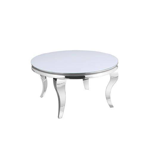 Table Basse Baroque Ronde Plateau Verre Trempé Blanc Structure Chrome D80x45cm