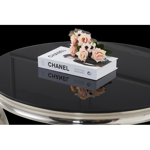 Table Basse Baroque Ronde Plateau Verre Trempé Noir Structure Chrome D80x45cm