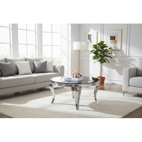 Table Basse Baroque Ronde Plateau Verre Trempé Noir Structure Chrome D80x45cm