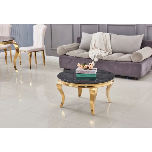 Table Basse Ronde Baroque Gold Et Plateau En Verre Marbre Noir De 80 Cm