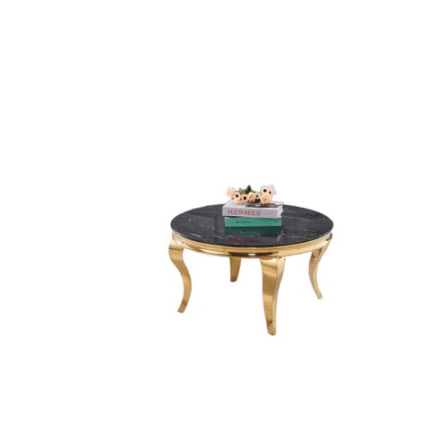 Table Basse Ronde Baroque Gold Et Plateau En Verre Marbre Noir De 80 Cm