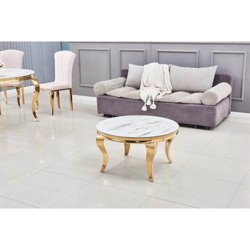 Table Basse Ronde Baroque Gold Et Plateau En Verre Marbre Blanc De 80 Cm