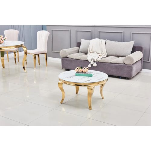 Table Basse Ronde Baroque Gold Et Plateau En Verre Marbre Blanc De 80 Cm