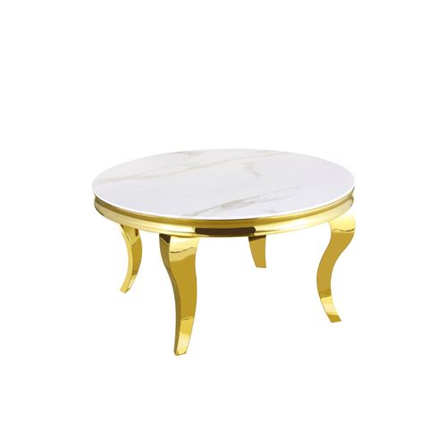 Table Basse Ronde Baroque Gold Et Plateau En Verre Marbre Blanc De 80 Cm
