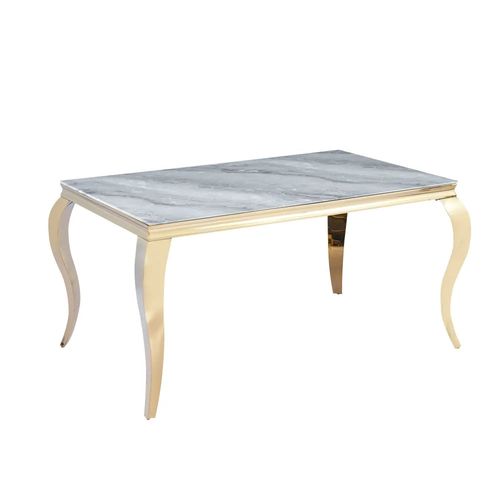 Table à Manger Verre Marbré Greige Pieds Acier Doré 180x90 Cm Baroque