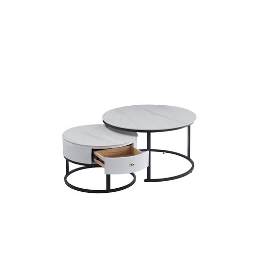 Lot 2 Tables Basses Gigognes Novela Avec Tiroir Céramique Marbre Blanc Métal Noir D80/d60x45/40cm