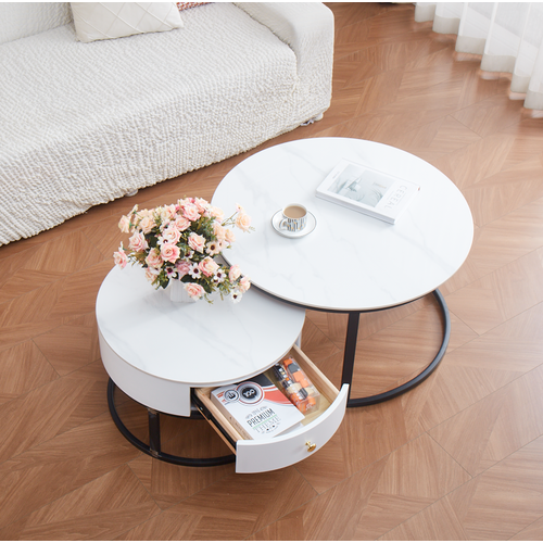 Lot 2 Tables Basses Gigognes Novela Avec Tiroir Céramique Marbre Blanc Métal Noir D80/d60x45/40cm